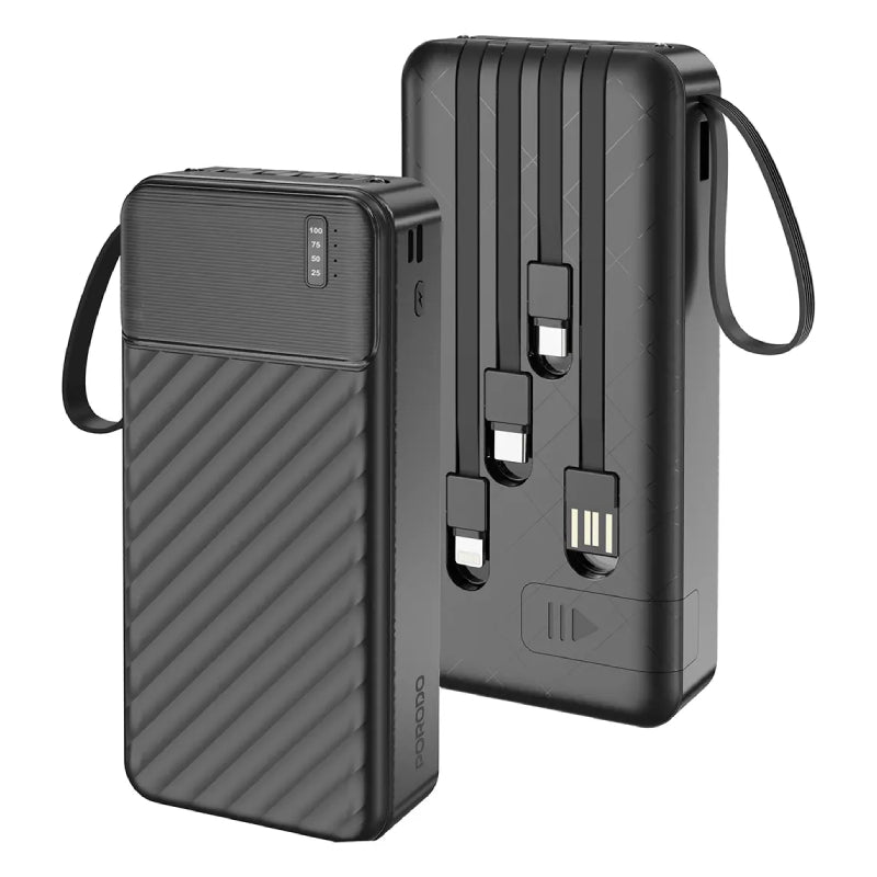 Porodo Piano Power Bank with Built-in Cables - 20000mAh / USB-C / Micro USB / Lightning - Black
