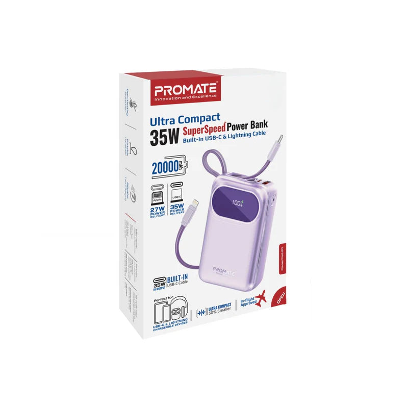 PROMATE PowerPod-20 Ultra Compact Power Bank with Built-In USB-C & Lightning Cable - 35W / USB-C / USB-A / Purple