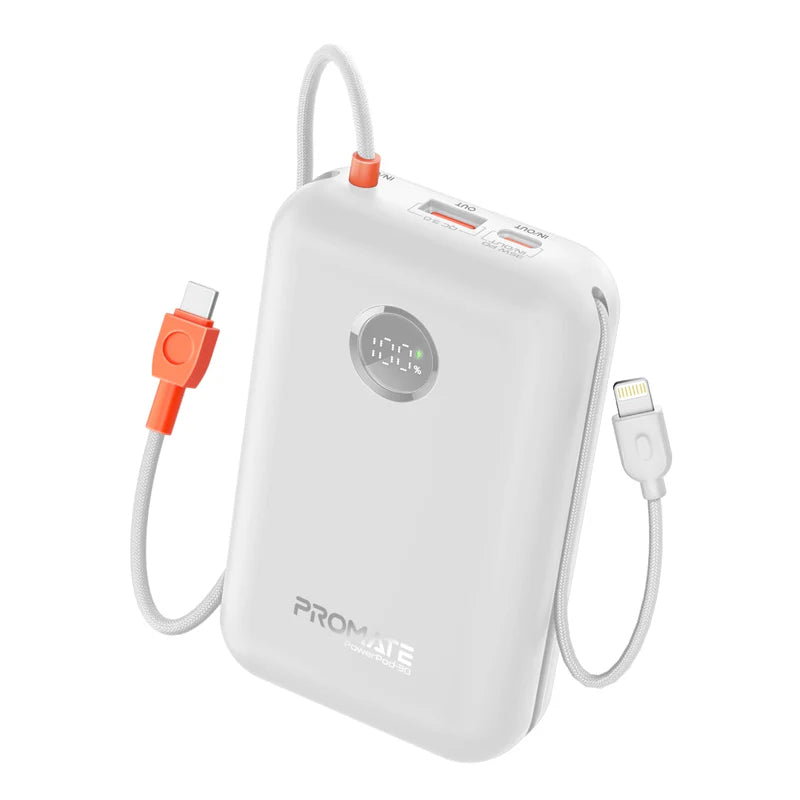 PROMATE PowerPod-30 Compact Power Bank with Built-In USB-C & Lightning Cable - 35W / USB-C / USB-A / White