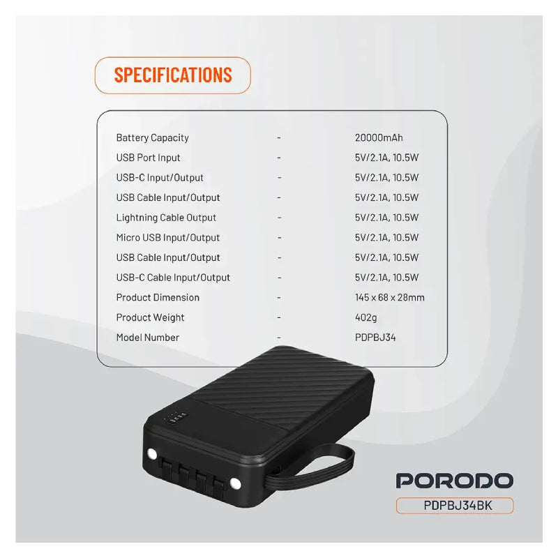 Porodo Piano Power Bank with Built-in Cables - 20000mAh / USB-C / Micro USB / Lightning - Black