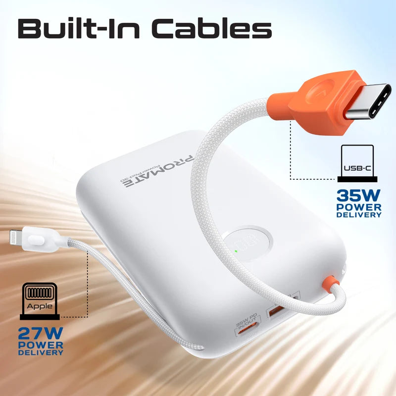 PROMATE PowerPod-30 Compact Power Bank with Built-In USB-C & Lightning Cable - 35W / USB-C / USB-A / White