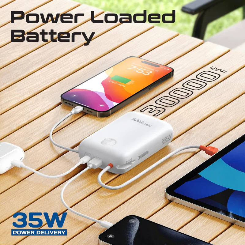 PROMATE PowerPod-30 Compact Power Bank with Built-In USB-C & Lightning Cable - 35W / USB-C / USB-A / White
