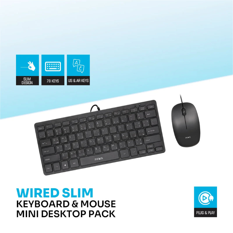 Pawa Mini Desktop Wired Slim Keyboard & Mouse - 1200 DPI / USB / Black