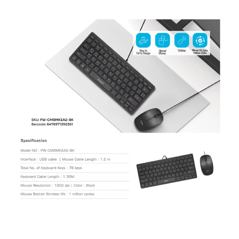 Pawa Mini Desktop Wired Slim Keyboard & Mouse - 1200 DPI / USB / Black