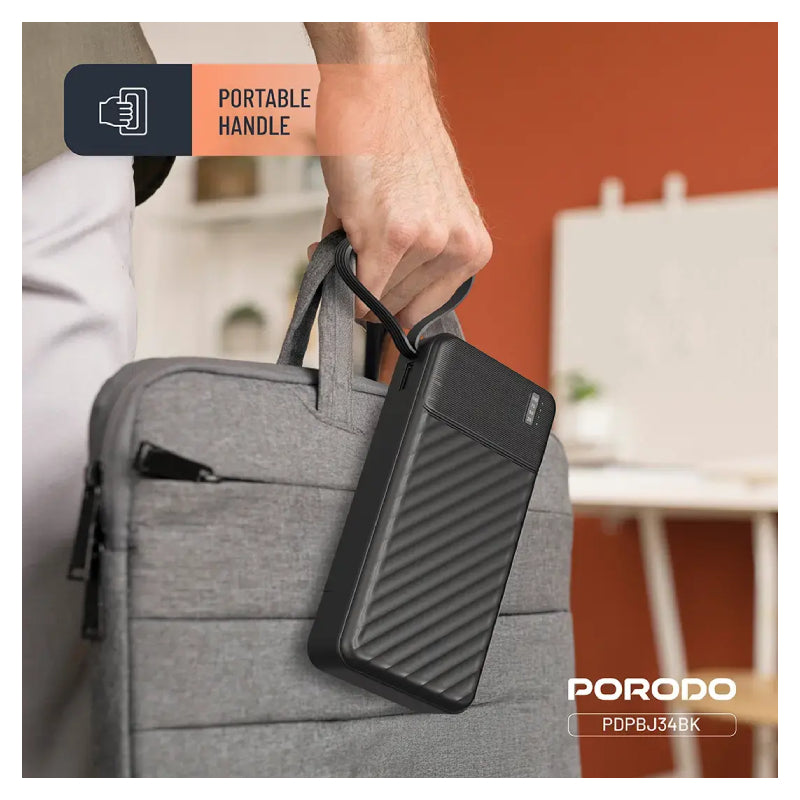Porodo Piano Power Bank with Built-in Cables - 20000mAh / USB-C / Micro USB / Lightning - Black