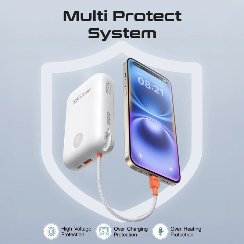 PROMATE PowerPod-30 Compact Power Bank with Built-In USB-C & Lightning Cable - 35W / USB-C / USB-A / White