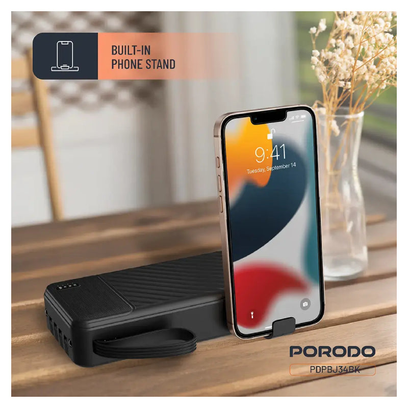Porodo Piano Power Bank with Built-in Cables - 20000mAh / USB-C / Micro USB / Lightning - Black
