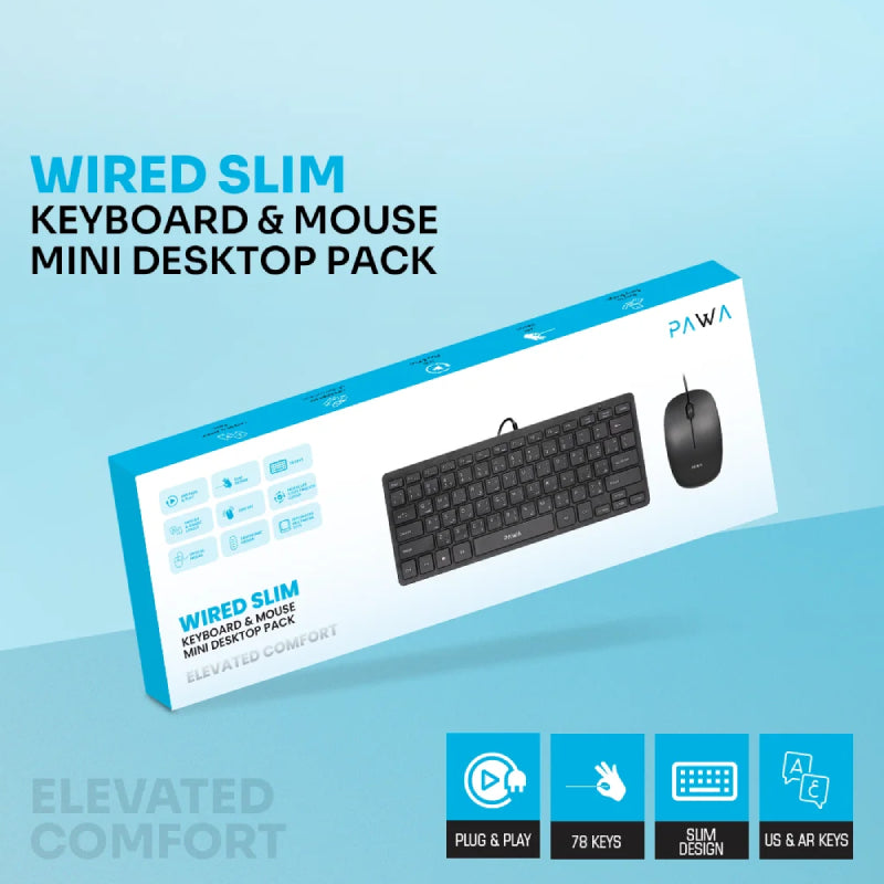Pawa Mini Desktop Wired Slim Keyboard & Mouse - 1200 DPI / USB / Black