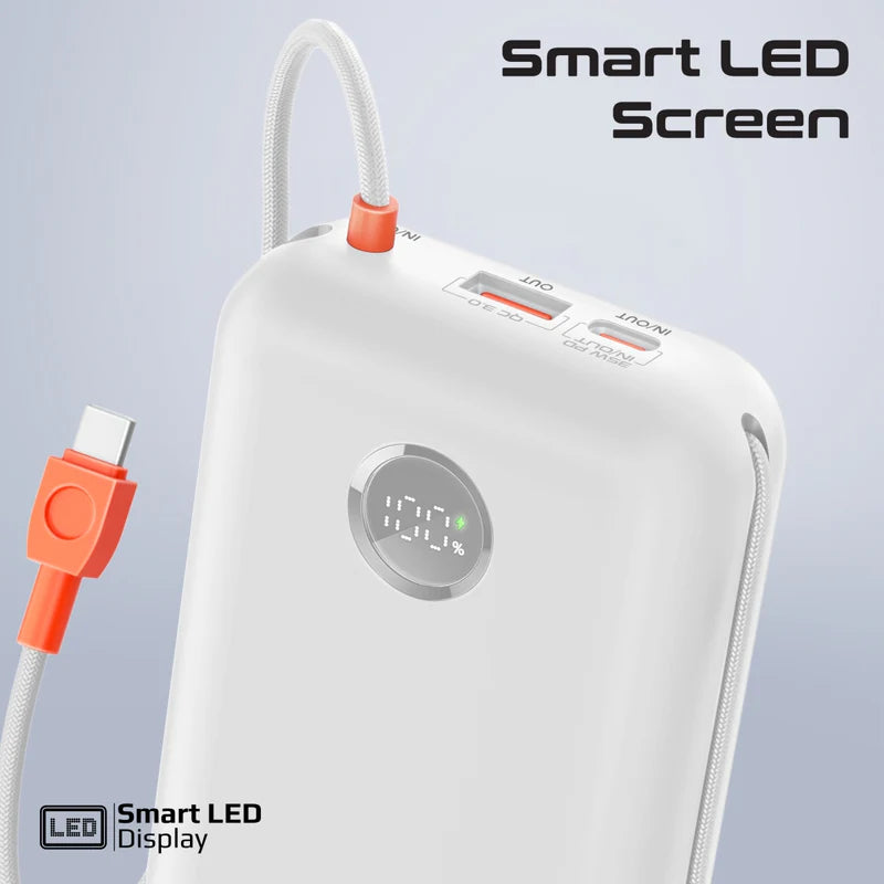 PROMATE PowerPod-30 Compact Power Bank with Built-In USB-C & Lightning Cable - 35W / USB-C / USB-A / White