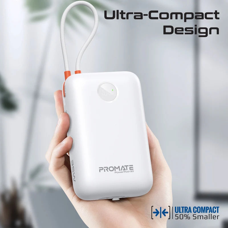 PROMATE PowerPod-30 Compact Power Bank with Built-In USB-C & Lightning Cable - 35W / USB-C / USB-A / White