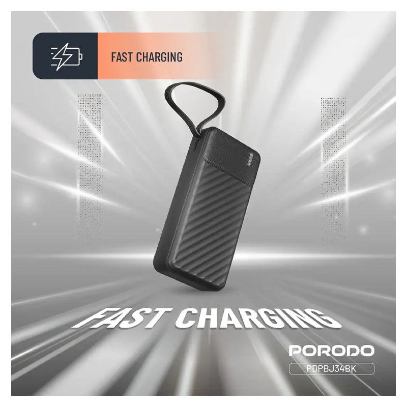 Porodo Piano Power Bank with Built-in Cables - 20000mAh / USB-C / Micro USB / Lightning - Black