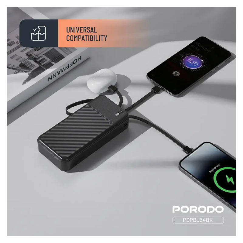 Porodo Piano Power Bank with Built-in Cables - 20000mAh / USB-C / Micro USB / Lightning - Black