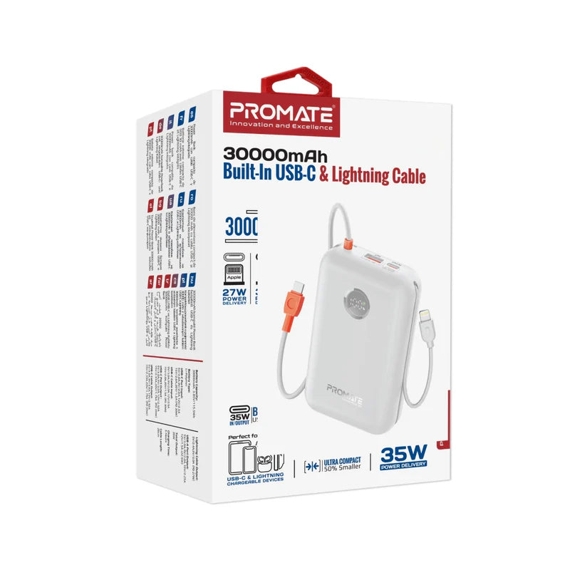 PROMATE PowerPod-30 Compact Power Bank with Built-In USB-C & Lightning Cable - 35W / USB-C / USB-A / White