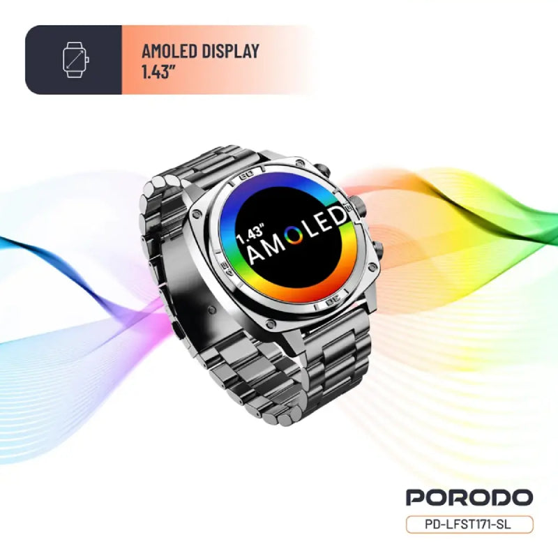 Porodo Chrono Steel Smart Watch - 1.43" AMOLED / Bluetooth / Silver