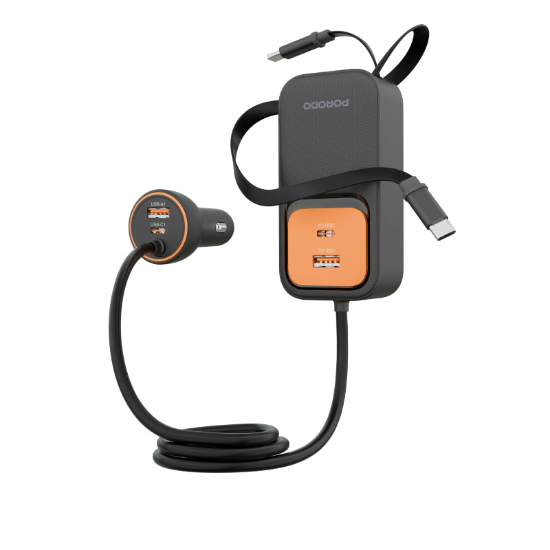 Porodo ENZO MULTI-PORT Car Charger Dual 70cm Retractable Cables - 135W / 1.5 Meter / Black