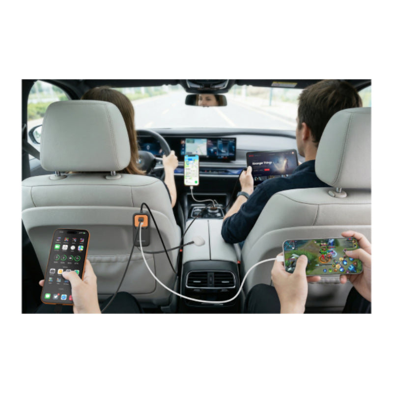 Porodo ENZO MULTI-PORT Car Charger Dual 70cm Retractable Cables - 135W / 1.5 Meter / Black