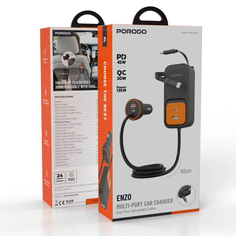 Porodo ENZO MULTI-PORT Car Charger Dual 70cm Retractable Cables - 135W / 1.5 Meter / Black