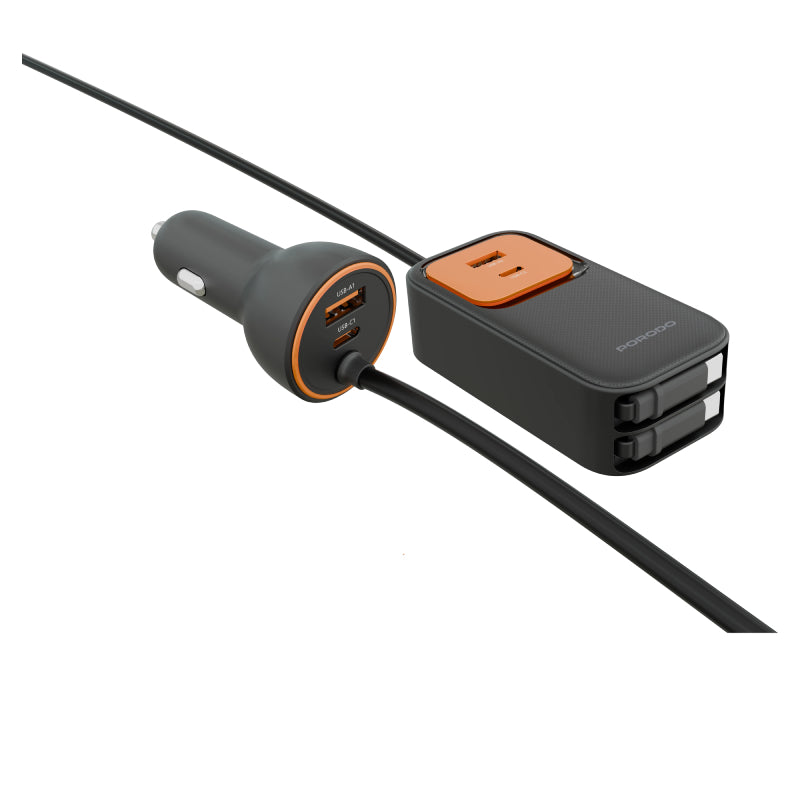 Porodo ENZO MULTI-PORT Car Charger Dual 70cm Retractable Cables - 135W / 1.5 Meter / Black