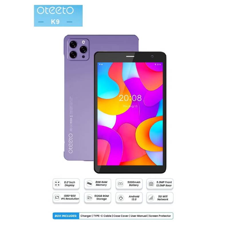 Oteeto Tab K9 / 8.0’’ / 512GB / WiFi + 5G / Purple Mobiles & Tablets > Tablets