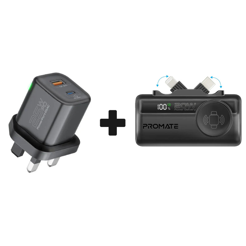 PROMATE PowerUp-Trio Ultra-Compact Fast Charging Power Bank - 20W / USB-C / Lightning / Black + PROMATE PowerPort-25AC Power Delivery Ultra-Fast Dual Port AC Charger - 25W / USB-C / USB-A / Black - Bundle Offer