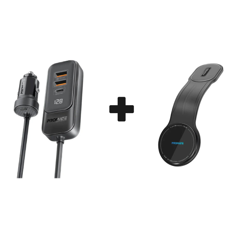 PROMATE MagSafe Flexible Smartphone Charging Mount - 15W + PROMATE RapidCharge Car Charger with Multi-Port Backseat Charging Hub - 120W / USB-A / USB-C - Bundle Offer