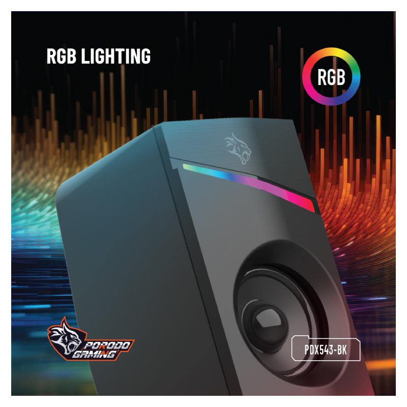 Porodo Gaming Gaming Stereo Wired Speakers Volume Knob Control - 1.1M / 3.5mm Aux / USB - Black