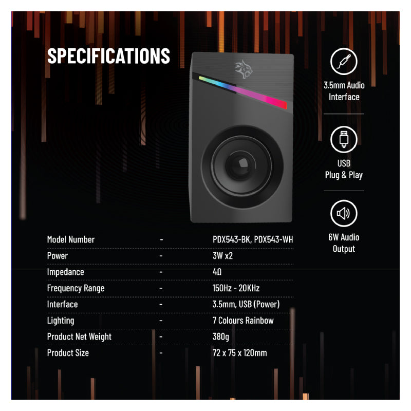 Porodo Gaming Gaming Stereo Wired Speakers Volume Knob Control - 1.1M / 3.5mm Aux / USB - Black