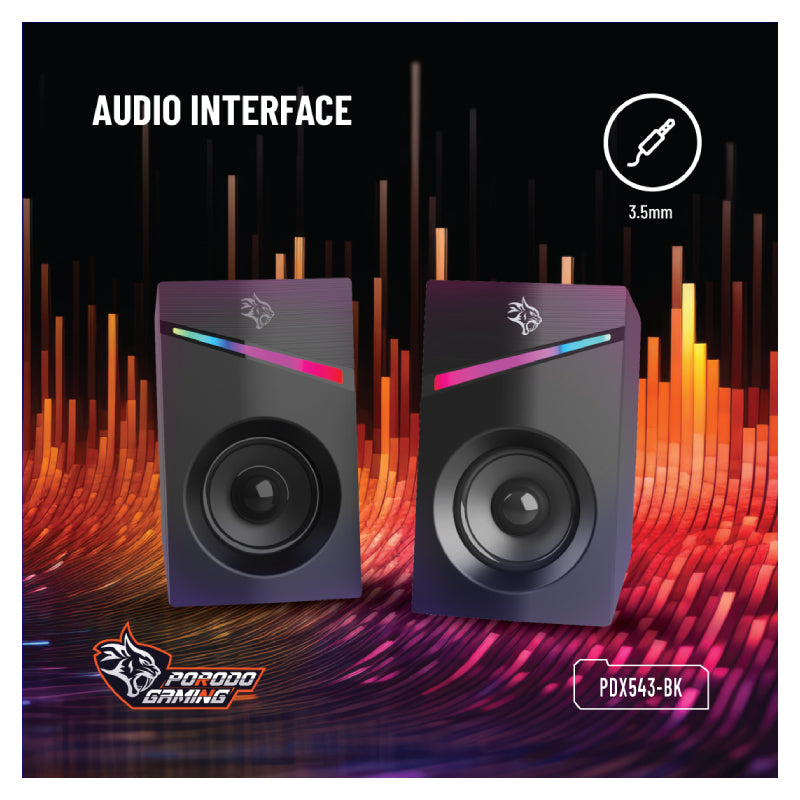 Porodo Gaming Gaming Stereo Wired Speakers Volume Knob Control - 1.1M / 3.5mm Aux / USB - Black