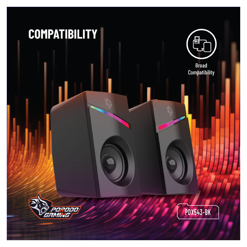 Porodo Gaming Gaming Stereo Wired Speakers Volume Knob Control - 1.1M / 3.5mm Aux / USB - Black