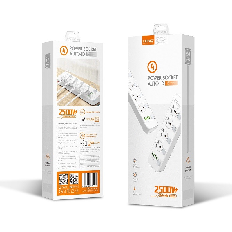 LDNIO SC4408C 4 AC Outlets Universal Power Strip - USB-A / USB-C / White