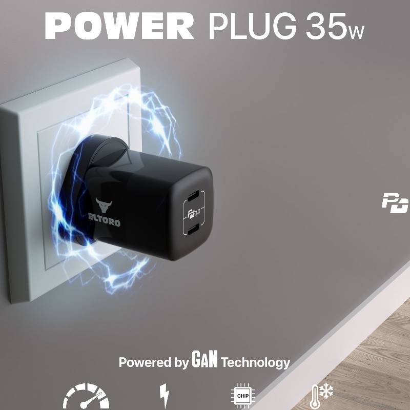 Eltoro Power Plug 35w Home Charger PD 3.0 GaN with 2 Ports 2 USB-C - Black