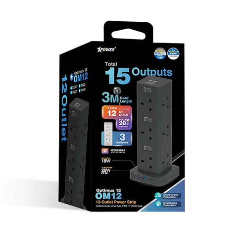 XPower OM12 12 Outout Surge Power Strip - 3 Meter / Black