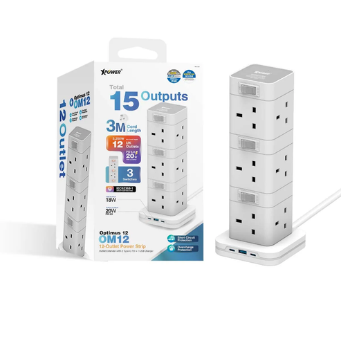 XPower OM12 12 Outout Surge Power Strip - 3 Meter / White