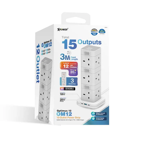 XPower OM12 12 Outout Surge Power Strip - 3 Meter / White