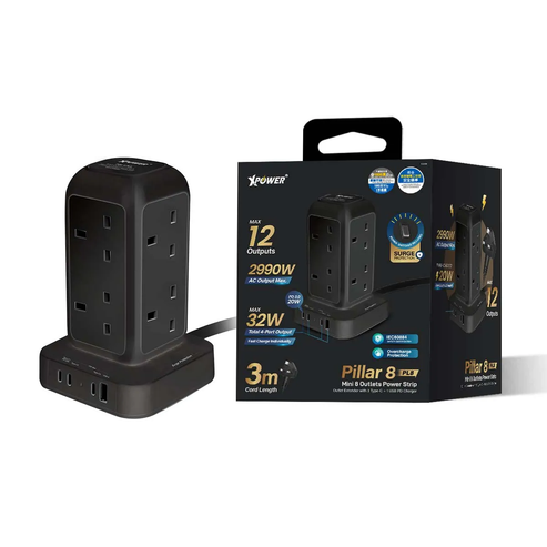 XPower Pillar 8 PL8 Mini 12 Outout Surge Power Strip - 3 Meter / Black