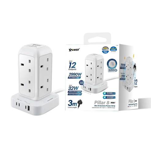 XPower Pillar 8 PL8 Mini 12 Outout Surge Power Strip - 3 Meter / White