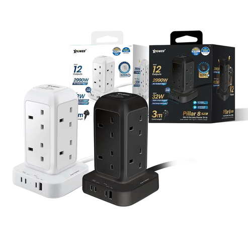 XPower Pillar 8 PL8 Mini 12 Outout Surge Power Strip - 3 Meter / White
