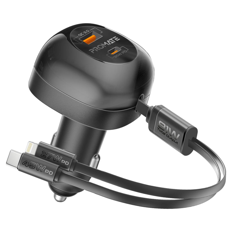 Promate PowerDrive-RCi81 Multi-Port Car Charger with Retractable USB-C & Lightning Cable - 81W / 0.8 Meter / Black