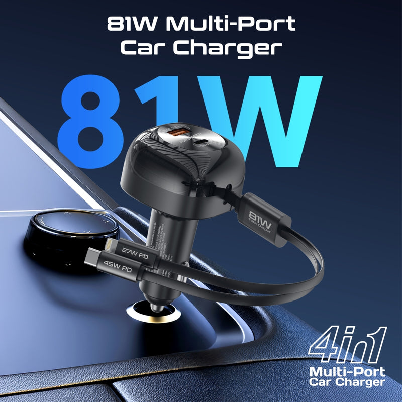 Promate PowerDrive-RCi81 Multi-Port Car Charger with Retractable USB-C & Lightning Cable - 81W / 0.8 Meter / Black