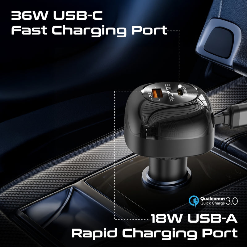 Promate PowerDrive-RCi81 Multi-Port Car Charger with Retractable USB-C & Lightning Cable - 81W / 0.8 Meter / Black
