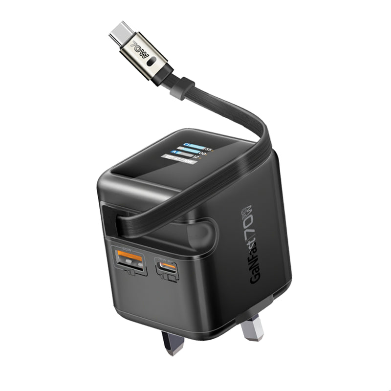 Promate Cubix-R70 GaNFast Wall Charger with Retractable USB-C Cable - 70W / 0.8 Meter / Black