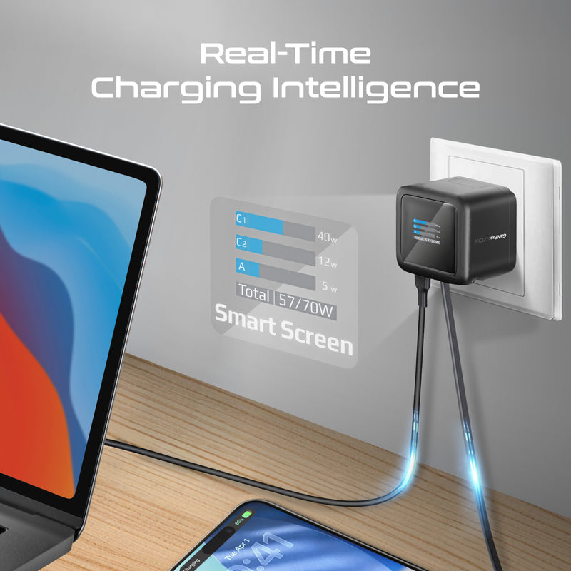Promate Cubix-R70 GaNFast Wall Charger with Retractable USB-C Cable - 70W / 0.8 Meter / Black