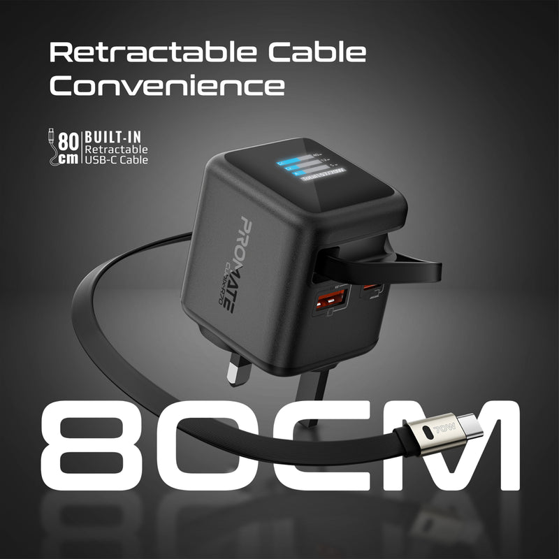Promate Cubix-R70 GaNFast Wall Charger with Retractable USB-C Cable - 70W / 0.8 Meter / Black