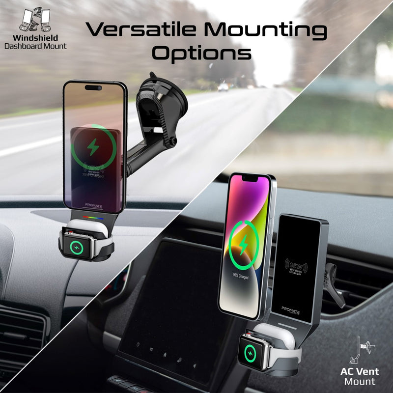 Promate 3-in-1 MagSafe Compatible Car Wireless Charging Station - Black