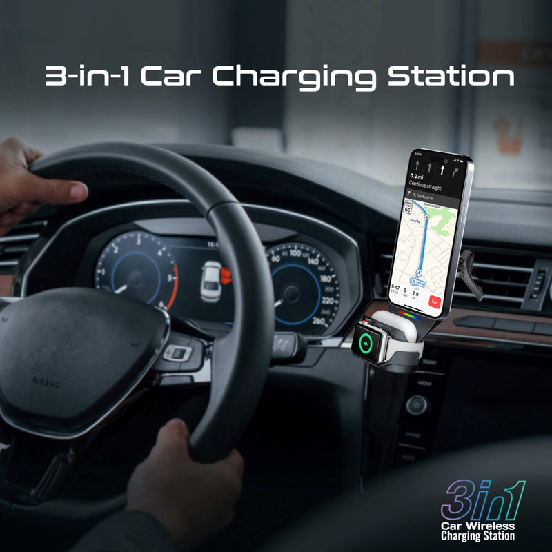 Promate 3-in-1 MagSafe Compatible Car Wireless Charging Station - Black