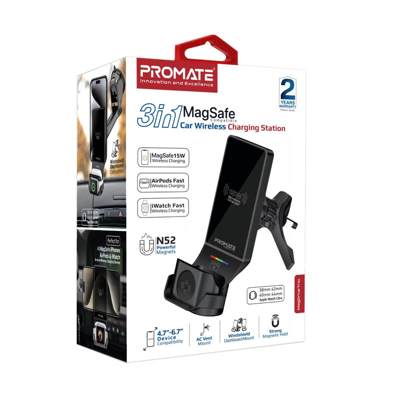 Promate 3-in-1 MagSafe Compatible Car Wireless Charging Station - Black