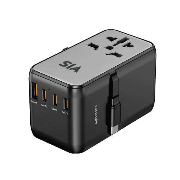 SIA Worldfit Travel Adapter With Built-In cable - 85W / USB-C / USB-A / Black