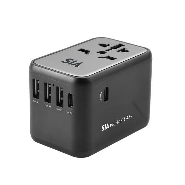 SIA Worldfit Travel Adapter - 45W / USB-C / USB-A / Black