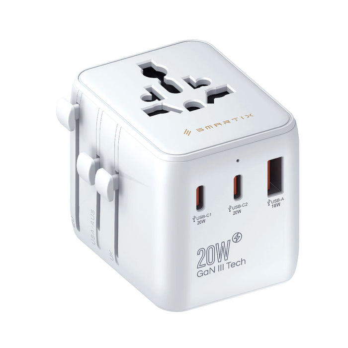 Smartix Premium International Travel Adapter - 20W / USB-A / USB-C / White