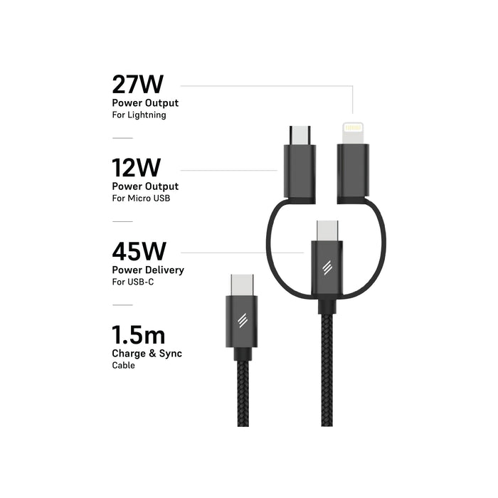 Smartix Premium 3 in 1 Braided Cable - USB-C / Lightning / Micro USB / 11.5 Meter / Black
